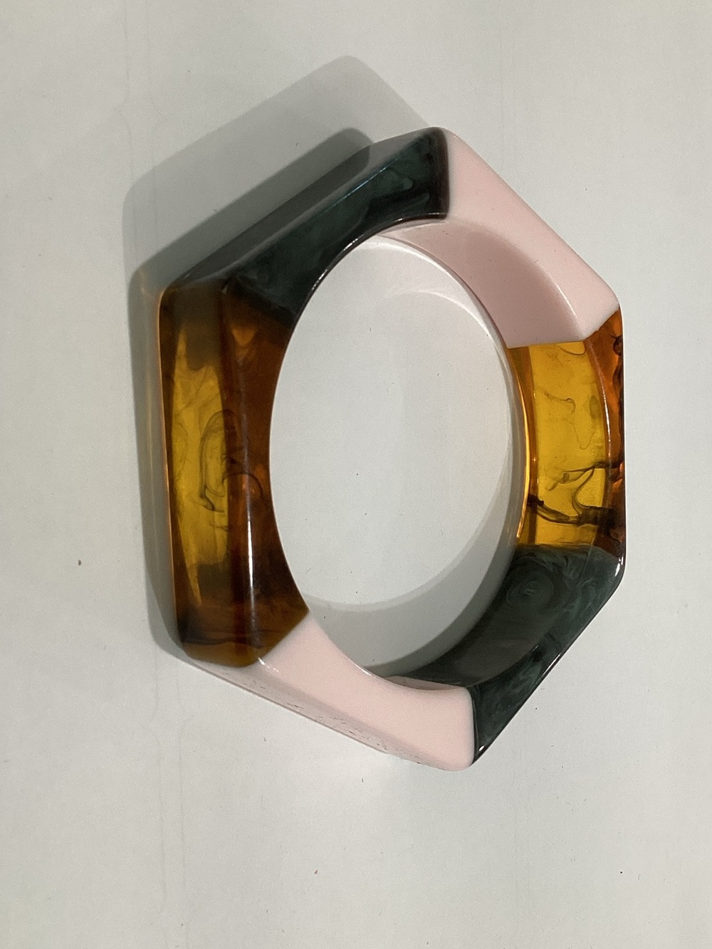 Plunder Hexagon Resin Bangle in Pink, Amber & Forest Green‎
